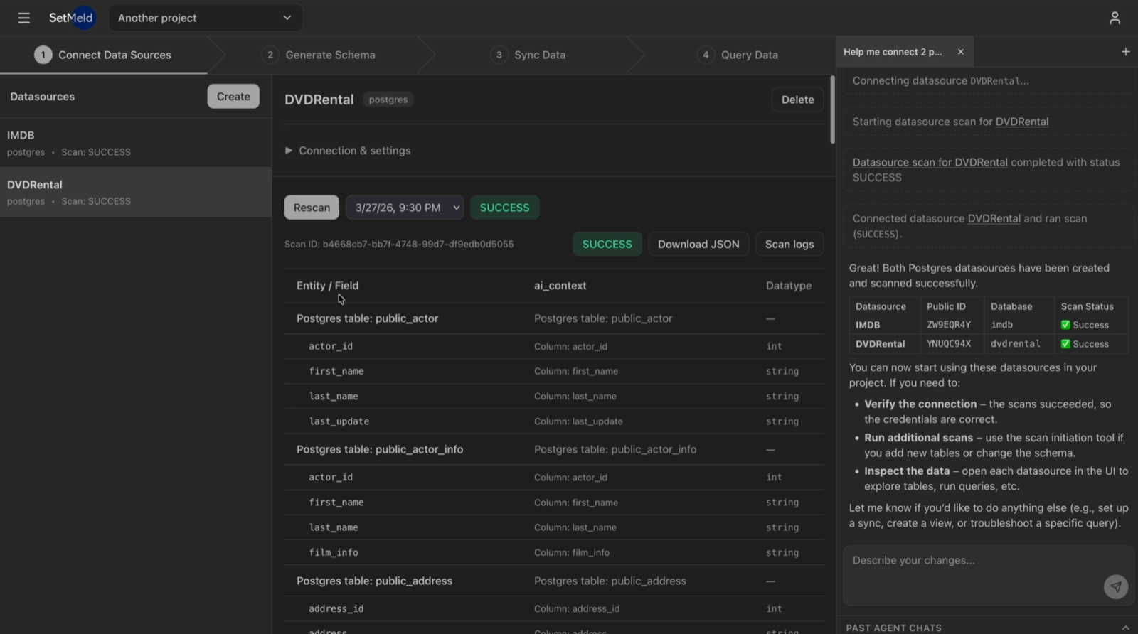 SetMeld Composer connecting and scanning two Postgres datasources, with an AI assistant reporting scan status