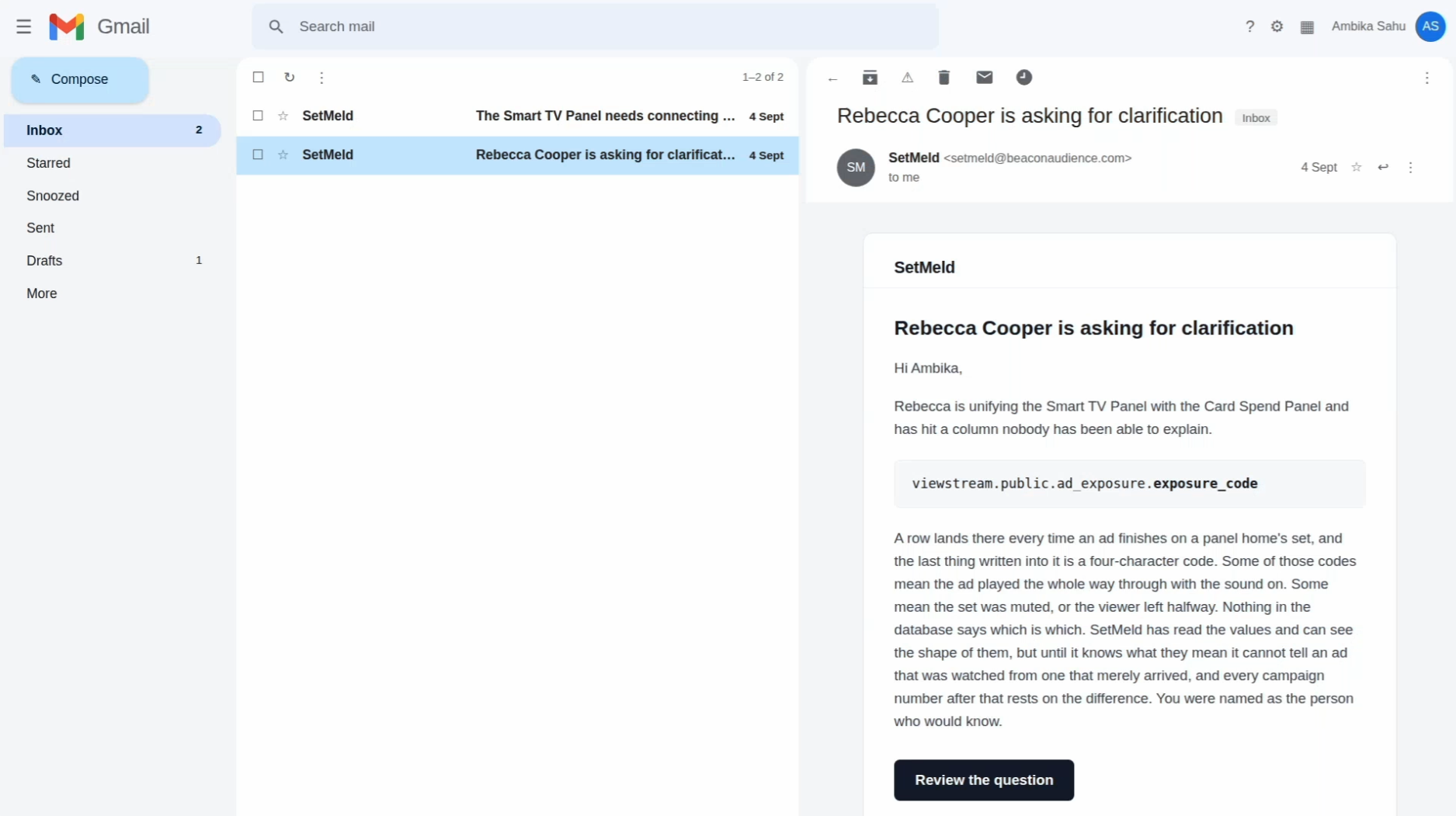 The expert’s inbox: an email from SetMeld naming the ad_exposure.exposure_code column, explaining what is unknown about it and linking to the question