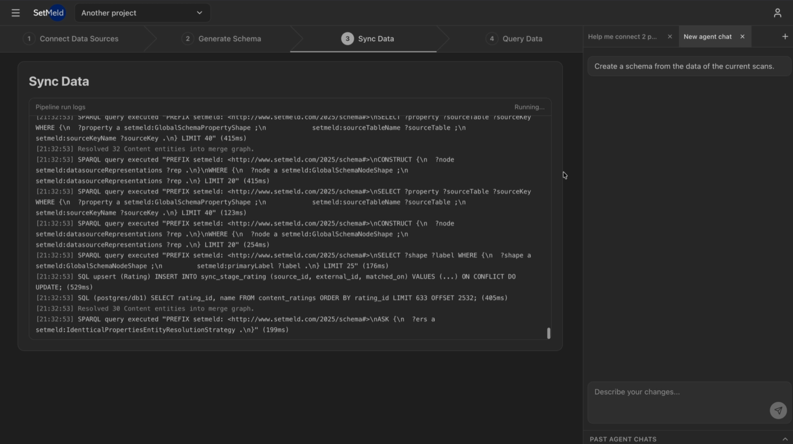 A live SetMeld Pipeline run showing SPARQL and SQL operations with per-step timings